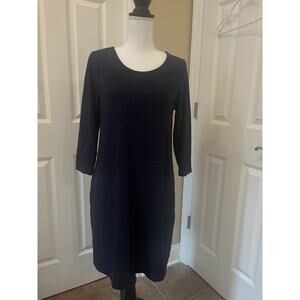 Dalia M Sweatshirt Dress Navy Blue 3/4 Sleeves Pockets Knee Length Soft Fleece